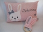 Preview: ★ 35x23 cm Kissen Geburt Hase Mädchen Name Herzen Einschulung Geburt Taufe ★ von Lüttentüddel