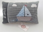 Preview: ★ 35x23 cm Kissen Geburt Einschulung KITA Kissen to Go Schmusekissen Taufe Boot Segelboot Name ★ von Lüttentüddel