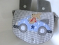 Preview: zauberhafte Lenkertasche mit Klappe Hase im Auto für Laufrad Dreirad, Fahrradkorb Stickerei Handarbeit