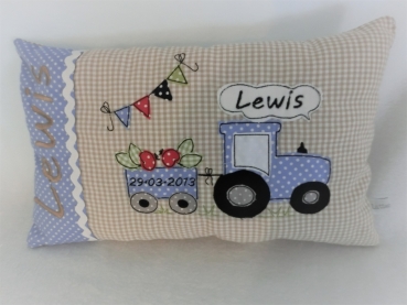 Preview: ★ 35x23 cm Kissen Geburt Kita Einschulung Taufe Traktor Trecker Name ★ von Lüttentüddel