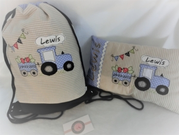 Preview: ★ 35x23 cm Kissen Geburt Kita Einschulung Taufe Traktor Trecker Name ★ von Lüttentüddel