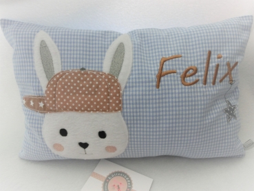 Preview: ★ 35x23 cm Kissen Geburt Hase Junge Name ★ von Lüttentüddel Einschulung Taufe KITA Geburt Geburtstag