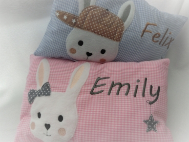 Preview: ★ 35x23 cm Kissen Geburt Hase Junge Name Geburt Einschulung Taufe ★ von Lüttentüddel