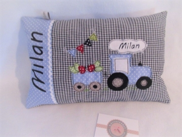 Preview: ★ 35x23 cm Kissen Geburt Taufe Einschulung KITA Kissen to go... Schmusekissen Traktor Trecker Name ★ von Lüttentüddel