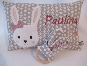 Preview: ★ 35x23 cm Kissen Geburt Hase Mädchen Name ★ KITA Einschulung Taufe Geschenk Geburtstag Wunschname Name von Lüttentüddel
