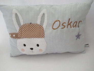 Preview: ★ 35x23 cm Kissen Geburt Hase Junge Name Taufe Wunschname Einschulung KITA Kissen to go... ★ von Lüttentüddel