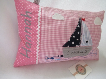Preview: ★ 35x23 cm Kissen Geburt Taufe Einschulung KITA Boot Segelboot Wunschname ★ von Lüttentüddel