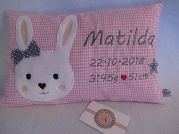 ★ 35x23 cm Kissen Geburt Hase Mädchen Name ★  Einschulung Taufe KITA von Lüttentüddel