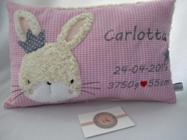 ★ 35x23 cm Kissen Geburt Hase Krone Mädchen Name Einschulung Geburt Reise Taufe★ von Lüttentüddel