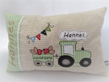 Preview: ★ 35x23 cm Kissen Geburt Taufe Einschulung KITA Kissen to go... Schmusekissen Traktor Trecker Name ★ von Lüttentüddel
