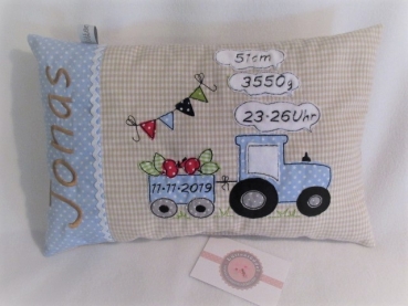 ★ 35x23 cm Kissen Geburt Kita Einschulung Taufe Traktor Trecker Name ★ von Lüttentüddel