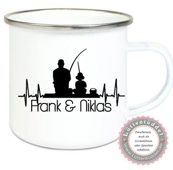 Becher Tasse Emaillebecher zauberhafte Tasse Emailletasse, Angler Vater & Sohn Vatertag, Wunschname, Dankeschön, Geburtstag, Abschied, Jubiläum, Geschenk, Kommunion, Firmung Konfirmation von Lüttentüddel