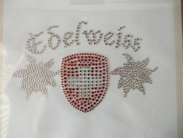 Edelweiss Wappen Schweiz Schriftzug Strass Hotglue Hotfix Bügelbild