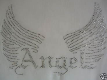 Angel mit Flügel groß Schriftzug Strass Hotglue Hotfix Bügelbild