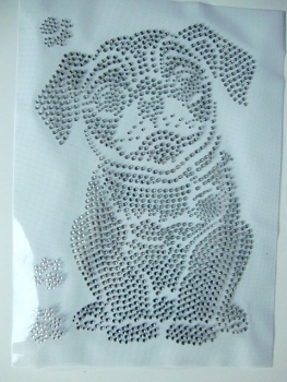Preview: Mops Hund 3 Pfoten Strass Bügelbild Hotfix Hotglue