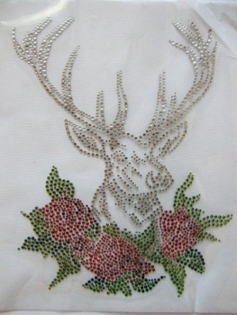 Tracht Jagd Hirsch Rosen Herz Strass Hotfix Hotglue Bügelbild
