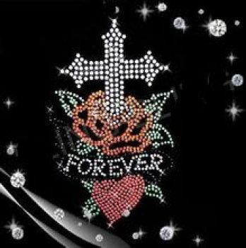 Preview: Kreuz Rose Herz FOREVER Strass HOTFIX HOTGLUE Bügelbild Applikation