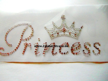 Princess Schriftzug Strass Hotglue Hotfix Bügelbild Klar und Rose Strasssteine