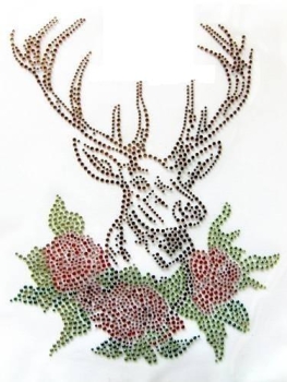 Tracht Jagd Hirsch Rosen Herz Strass Hotfix Hotglue Bügelbild