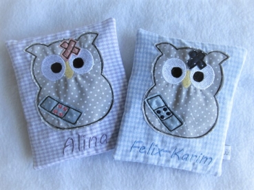 Preview: kleine Eule Krankenwagen Beulentröster inkl. Kühlpad Wunschname Geburt Taufe Einschulung von Lüttentüddel®