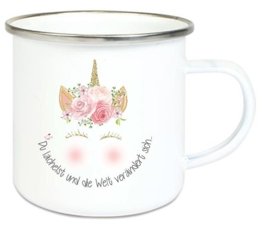 ♥ Tasse Emailletasse Einhorn, Du lächelst und die Welt verändert sich... Dankeschön, Geburtstag, Vatertag, Abschied, Jubiläum, Geschenk, Becher von Lüttentüddel