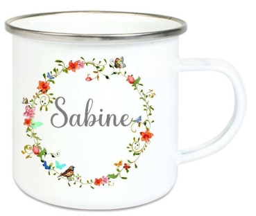 &#9829; Tasse Emailletasse Kranz bunt Vögelchen Schmetterlinge Blumen Wunschname, Dankeschön, Abschied, Jubiläum, Geschenk, Becher von Lüttentüddel