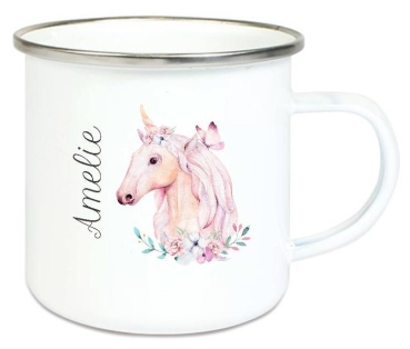 Tasse Emailletasse zauberhaftes Einhorn Boho Schmetterlinge Blüten, Wunschname, Einschulung, KITA, Geburtstag, Dankeschön, Abschied, Jubiläum, Geschenk, Becher von Lüttentüddel