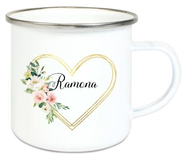 Tasse Emailletasse Blumenkranz Herz zarte Rosen pastel Wunschname, Dankeschön, Geburtstag, Abschied, Jubiläum, Geschenk, Becher von Lüttentüddel