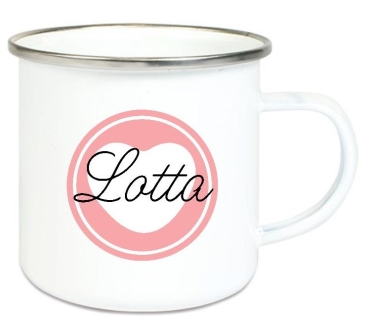 Tasse Emailletasse Button Herz, Einschulung KITA Wunschname, Dankeschön, Geburtstag, Abschied, Jubiläum, Geschenk, Becher von Lüttentüddel