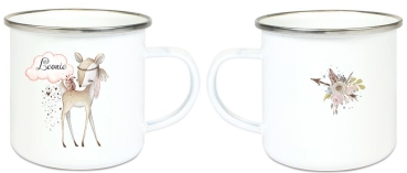 zauberhafte Becher Tasse Emailletasse Reh Rehlein Federn Indianer Name, Wunschname, KITA Kindergarten, Einschulung, Dankeschön, Abschied, Jubiläum, Geschenk, Becher von Lüttentüddel®