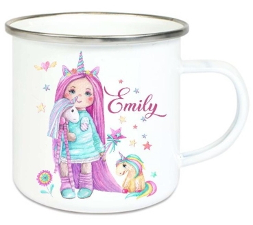 Tasse Emailletasse Einhorn Mädchen Doll Wunschname, Einschulung KITA Dankeschön, Abschied, Jubiläum, Geschenk, Becher von Lüttentüddel