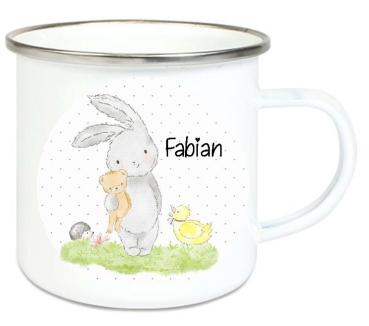 zauberhafte Tasse Emailletasse Hase Hasi Bär Küken Name, Wunschname, KITA Kindergarten, Einschulung, Dankeschön, Abschied, Jubiläum, Geschenk, Becher von Lüttentüddel