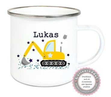 zauberhafte Tasse Emailletasse, Becher,  Bagger Sterne  Name,  Wunschname, KITA Kindergarten, Einschulung, Dankeschön, Abschied, Jubiläum, Geschenk, Becher von Lüttentüddel