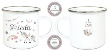 Tasse Emailletasse Einhorn Regenbogen Sterne, Mädchen, Einschulung KITA Wunschname, Dankeschön, Geburtstag, Abschied, Jubiläum, Geschenk, Kommunion, Firmung Konfirmation, Becher von Lüttentüddel