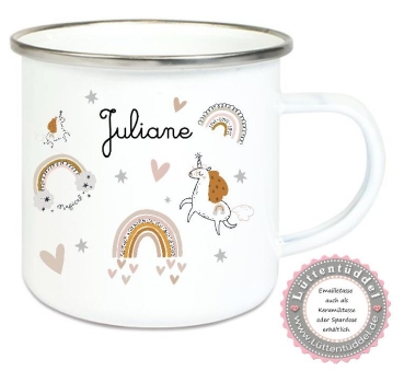Preview: zauberhafte Tasse Emailletasse Becher Einhorn Regenbogen Wunschname, Einschulung KITA Dankeschön, Abschied, Jubiläum, Geschenk, Becher von Lüttentüddel