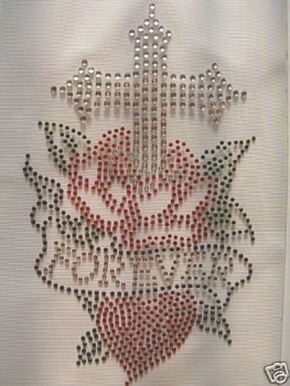 Kreuz Rose Herz FOREVER Strass HOTFIX HOTGLUE Bügelbild Applikation
