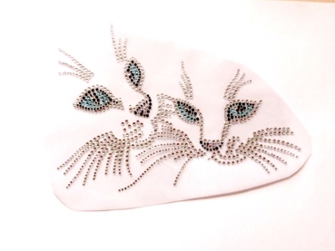 Katze Gesicht Katzen Blaue Augen HOTFIX HOTGLUE Bügelbild Strass