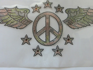 Preview: Peace Strass Studs Bügelbild Hotfix Flügel Sterne Tasche Shirt Jacke Rucksack