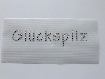 Glückspilz Schriftzug Strass Hotglue Hotfix Bügelbild Shirt Jacke