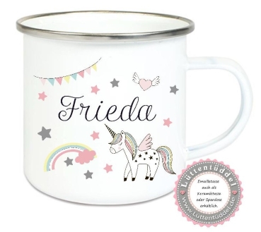 Preview: Becher Tasse Emaillebecher Einhorn Regenbogen Sterne Wunschname, Einschulung KITA Dankeschön, Abschied, Jubiläum, Geschenk, von Lüttentüddel