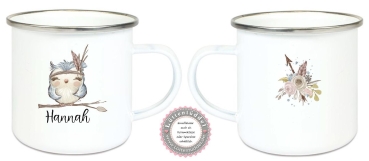 Tasse Emaillebecher Eule Federn BOHO , Einschulung KITA Wunschname, Dankeschön, Geburtstag, Abschied, Jubiläum, Geschenk, Kommunion, Firmung Konfirmation, Becher von Lüttentüddel