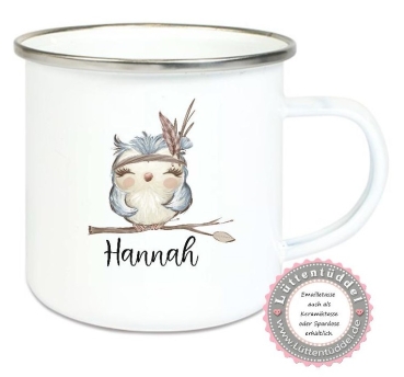Preview: Tasse Emaillebecher Eule Federn BOHO , Einschulung KITA Wunschname, Dankeschön, Geburtstag, Abschied, Jubiläum, Geschenk, Kommunion, Firmung Konfirmation, Becher von Lüttentüddel