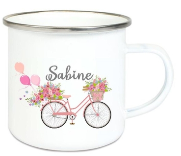 Preview: Tasse Emailletasse Fahrrad Luftballons Blumen Wunschname, Dankeschön, Abschied, Jubiläum, Geschenk, Becher von Lüttentüddel