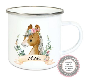 Becher Tasse Emaillebecher zauberhafte Tasse Emailletasse Fohlen Einschulung Schulkind KITA Wunschname Geburtstag Becher Lüttentüddel