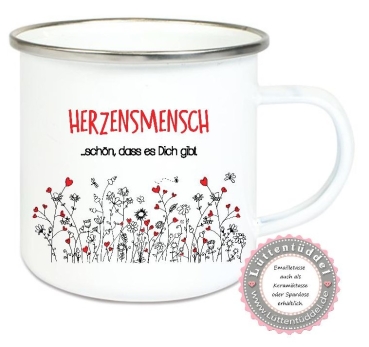 Preview: Tasse Emailletasse Becher Herzenzmensch Blumenwiese schön dass es dich gibt. Geburtstag, Muttertag, Vatertag, Abschied, Jubiläum, Geschenk, von Lüttentüddel