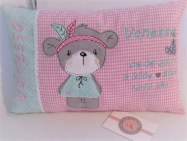 ca. 35x25 cm Kissen kleines tapferes Indianer Bär Mädchen Baby Wunschname Geburt Taufe Einschulung Reisekissen von Lüttentüddel