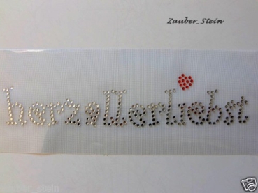 Schriftzug herzallerliebst Strass Bügelbild Hotfix Hotglue