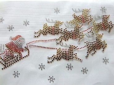 Hirsch Hirsche mit Schlitten und Weihnachtsmann Strass Bügelbild Hotfix Hotglue