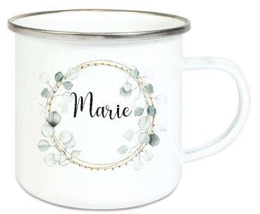 Tasse Emailletasse Blumen Kranz Eukalyptus, Name Wunschname Freundin Dankeschön, Geburtstag, Vatertag, Abschied, Jubiläum, Geschenk, Becher von Lüttentüddel