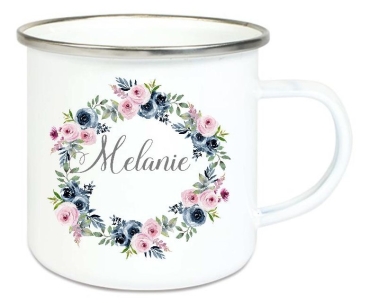 ♥ Tasse Emailletasse Blumenkranz zarte Töne Wunschname, Dankeschön, Geburtstag, Abschied, Jubiläum, Geschenk, Becher von Lüttentüddel